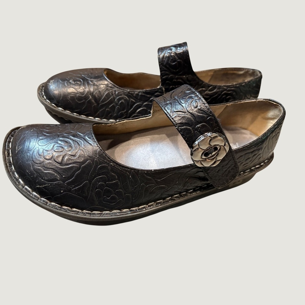 Alegria PG Lite Paloma Black Floral Leather Mary Jane Shoes PAL-531 Womens 38